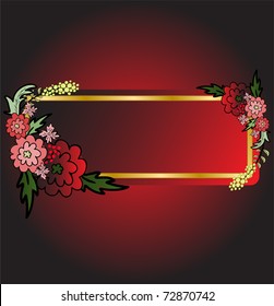 abstract black background with red flowers and card