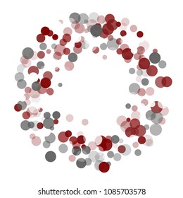 Abstract black background with red, white and gray confetti transparent dots. Elements of different size and color. Suitable for backgrounds for greeting cards and posters, New Year's design