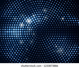 Abstract black background with retro blue glitter halftone ornament. Template luxury background with neon stamped dotted pattern. Technology vector backdrop