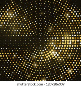 Abstract black background with retro golden glitter halftone ornament. Template luxury background with gold stamped dotted pattern. Vintage cover decorative vector design element.