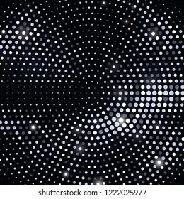 Abstract black background with retro silver glitter halftone ornament. Template luxury background with silver stamped dotted pattern. Vintage cover decorative vector design element.
