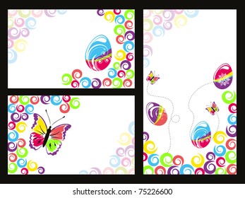 abstract black background with set of three colorful artwork decorated card