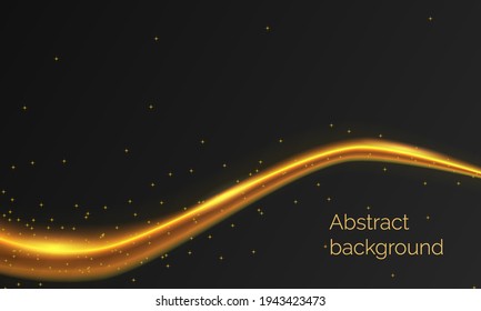 Abstract black background with shining golden wave and glowing dots. Vector illustration.