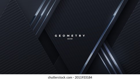 Abstract Black Background With Silver Glowing Strings. Vector Illustration. Geometric Backdrop With Textured Black Paper Layers. Slanted Shapes. Business Presentation Template. Minimalist Decoration