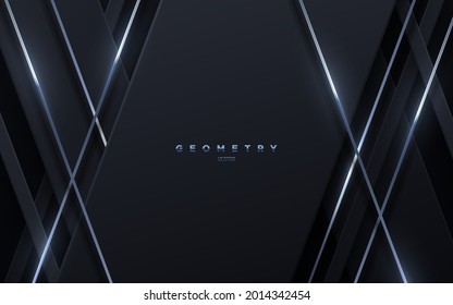 Abstract black background with silver glowing strings. Vector illustration. Geometric backdrop with black paper layers. Slanted shapes. Business presentation template. Minimalist decoration