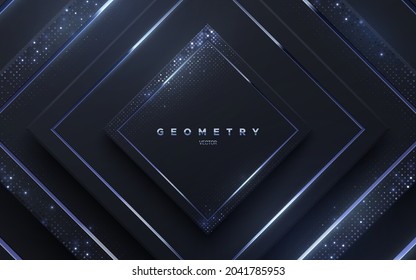 Abstract black background with silver glowing stripes and shimmering glitters. Vector illustration. Geometric backdrop with black paper layers. Concentric square shapes. Luxury template design