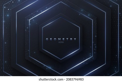 Abstract black background with silver glowing stripes and shimmering glitters. Vector illustration. Geometric backdrop with black paper layers. Concentric hexagonal shapes. Luxury template design