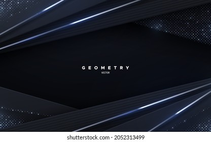 Abstract black background with silver stripes and shimmering glitters. Vector illustration. Geometric backdrop. Black paper layers and steel strings. Slanted shapes. Luxury presentation template.