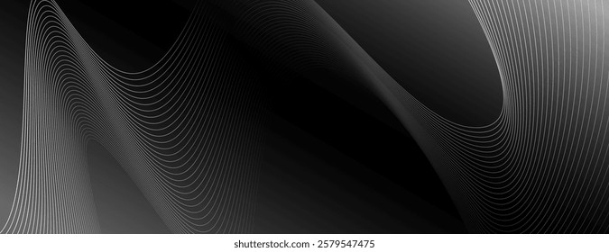 Abstract black background with smooth, flowing lines. The background features a gradient black color with a sleek, modern texture. Wavy line pattern background. Black background vector.