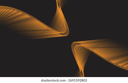 Fundo preto abstrato com linhas de ondas douradas suaves, criando um design fluido elegante e moderno para temas de luxo e tecnologia.