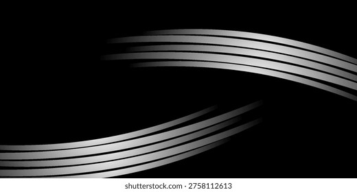 Abstract black background with smooth silver curved lines, creating an elegant and modern flowing design.