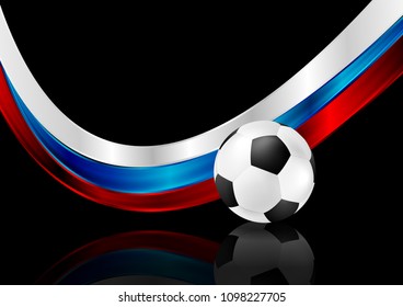 Abstract black background with soccer ball and Russian wavy flag. Football vector design