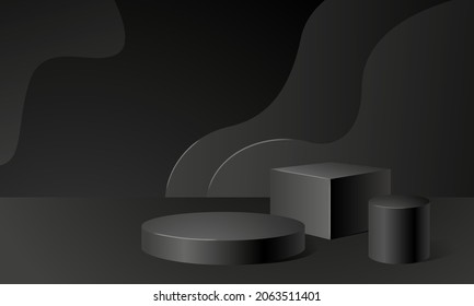 Resumen del escenario de fondo negro con plataformas de formas geométricas 3D. Un podio para la demostración de productos cosméticos. Ilustración de material vectorial. 
