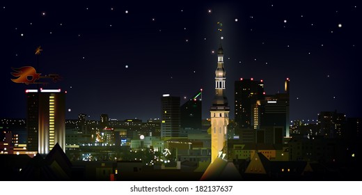 abstract black background with stars and cityscape of Tallinn