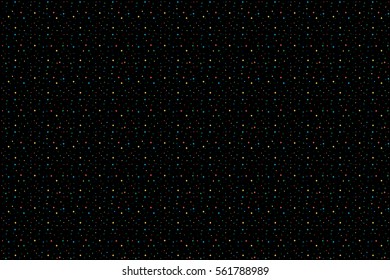 Abstract black background with stars, flashes, dots, rings. Vector seamless pattern with geometric figures. Hipster fill. Color image. Holiday composition. Multipurpose backdrop. Blank for workspace.