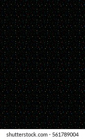 Abstract black background with stars, flashes, dots, rings. Vector seamless pattern with geometric figures. Hipster fill. Color image. Holiday composition. Multipurpose backdrop. Blank for workspace.