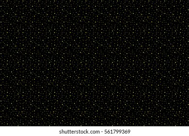 Abstract black background with stars, flashes, dots, rings. Vector seamless pattern with geometric figures. Hipster fill. Gold image. Holiday composition. Multipurpose backdrop. Blank for workspace.