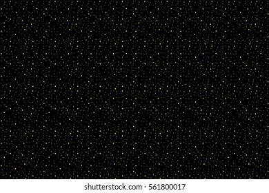 Abstract black background with stars, flashes, dots, rings. Vector seamless pattern with geometric figures. Hipster fill. Gold image. Holiday composition. Multipurpose backdrop. Blank for workspace.