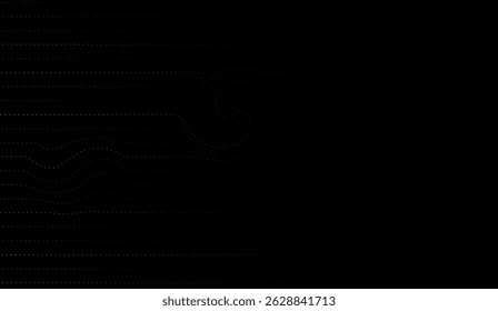 Abstract Black Background with Subtle White Dots Forming Wavy Lines and a Spiral Design, Ideal for Technological or Futuristic Themes, Visualizations and Complex Systems