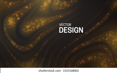 Abstract black background textured with golden halftone pattern. Vector illustration with shimmering glitters. Decoration element with stamped dotted wavy ornament. Creative cover design template.