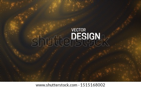 Abstract black background textured with golden halftone pattern. Vector illustration with shimmering glitters. Decoration element with stamped dotted wavy ornament. Creative cover design template.