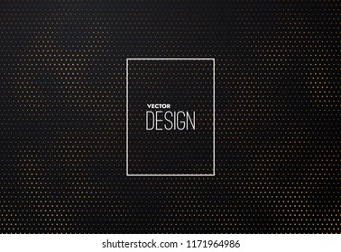 Abstract black background textured with halftone golden pattern. Vector illustration. Decoration element with stamped dotted ornament. Creative cover design template.