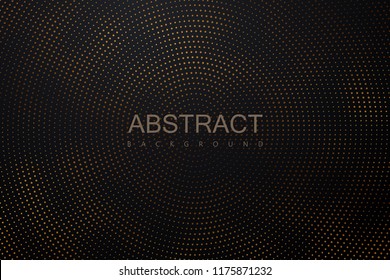 Abstract black background textured with radial golden halftone pattern. Vector illustration. Decoration element with stamped dotted ornament. Creative cover design template.