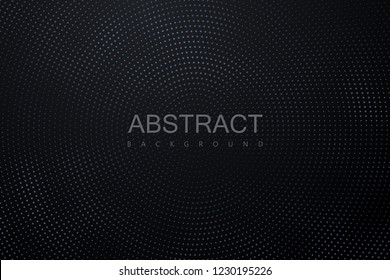 Abstract black background textured with radial silver halftone pattern. Vector illustration. Decoration element with stamped dotted ornament. Creative cover design template.