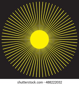 Abstract black background of thin yellow lines sun