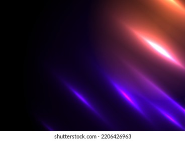 Abstract black background with violet orange neon glowing stripes. Vector illumination design