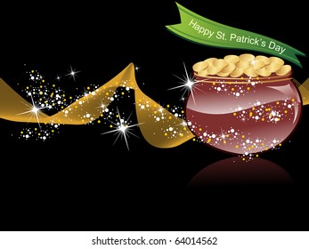 abstract black background with wave, glossy gold coins earthenware and ribbon