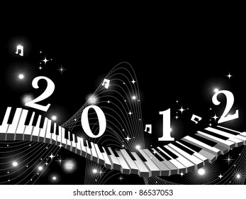 abstract black background with wave, twinkle stars, musical notes  & text 2012 on keyboard, or musical theme vector for new year