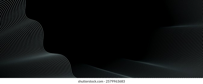 Abstract black background with wavy lines. The background features black color with sleek flowing graphis emphasizing black and dynamic curves. Minimal abstract flow line vector graphic background