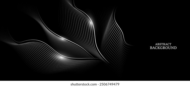 Fondo negro Abstractas con líneas fluidas blancas. para presentación, Anuncio, telón de fondo. Ilustración vectorial.