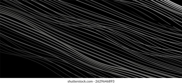 Abstract black background with white lines and waves. Vector illustration of background.
