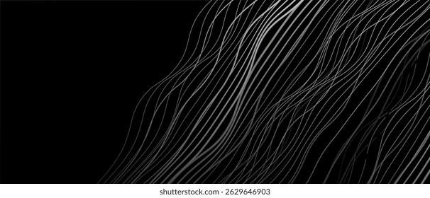 Abstract black background with white lines and waves. Vector illustration of background.
