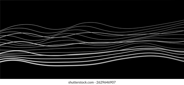 Abstractas fondo negro con líneas blancas y ondas. Ilustración vectorial de antecedentes.