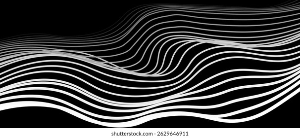 Abstract black background with white lines and waves. Vector illustration of background.