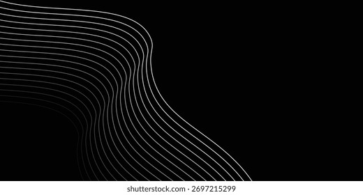 Abstract black background with white wavy lines, creating a flowing pattern and optical illusion effect. 