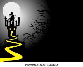 abstract black background with witch flying with their hornbroom infront of haunted house