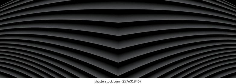 Abstract black banner with 3d lines pattern, symmertrical minimal striped pattern background for business presentation, 3d vector illustration.