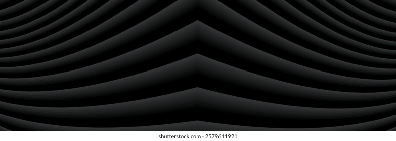 Abstract black banner with 3d lines pattern, symmertrical minimal striped pattern background for business presentation, 3d vector illustration.