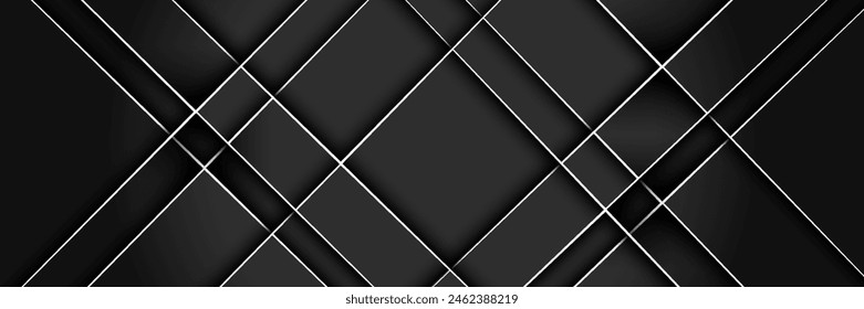 Abstract black banner design background with diagonal geometric overlay layers. Modern square shape graphic element. Suitable for covers, headers, banners, brochures, websites. Vector	