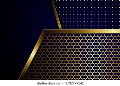 Abstract black banner gold blue overlap on design modern luxury background texture vector illustration. transparency black of horizontal line pattern, dot and hexagon patterns. 