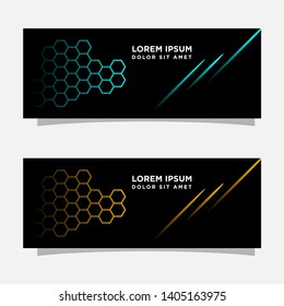 Abstract black banner technology concept design. Glossy gold and blue color