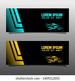 Abstract black banner technology concept design. Glossy gold and blue color