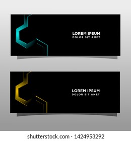 Abstract black banner technology concept design. Glossy gold and blue color