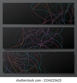Abstract black banners set with different scribble lines pattern. Gradient colorful lines wallpaper for children draind example