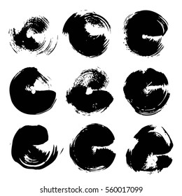 Abstract black big round textured strokes set  isolated on white background