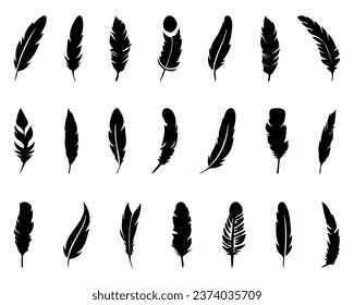 Abstract black bird feather icons. Feather silhouette collection. Elegance feather element decoration. Feather icons
